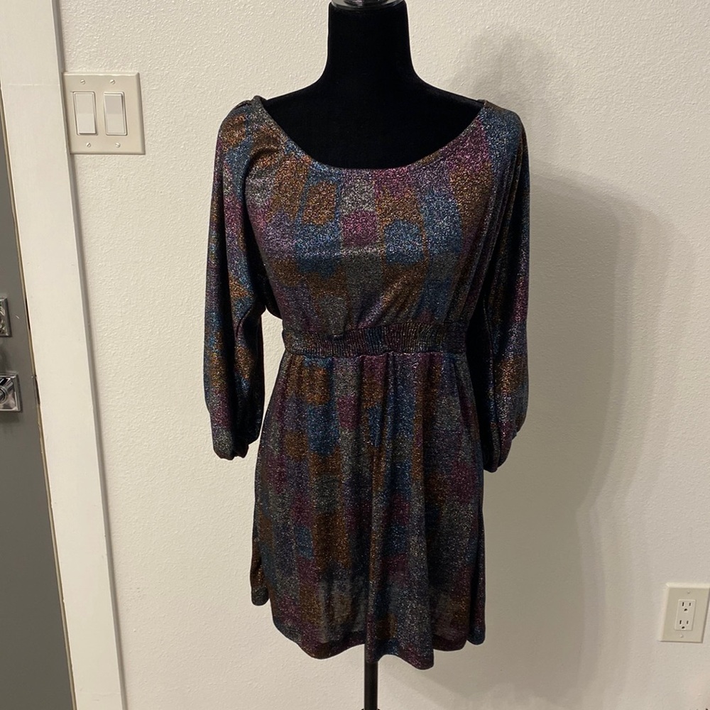 Mark Sheer Shimmer Gathered Waist Off Shoulder Tunic Mini Dress Size Small